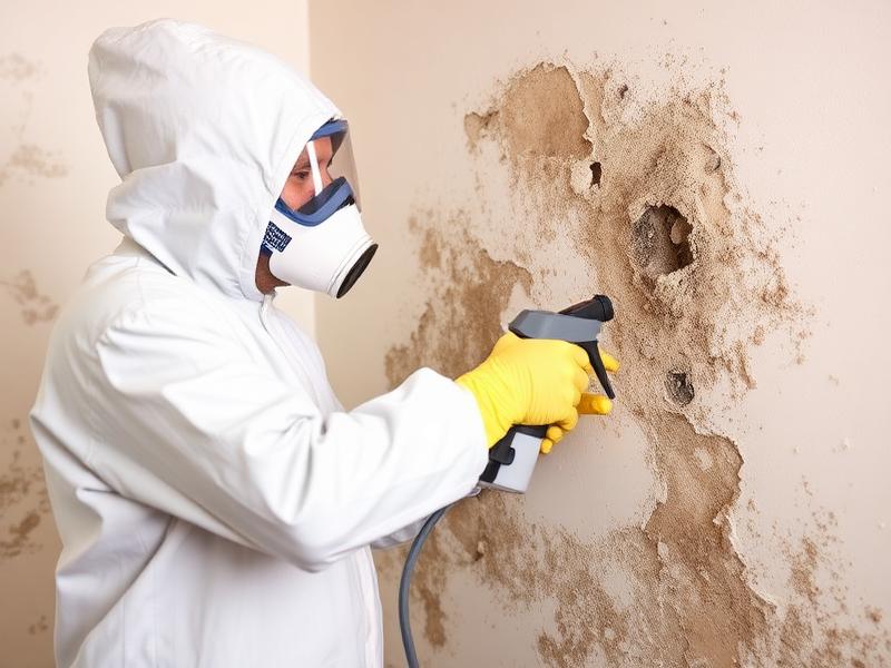 Technician performing mold remediation on a water-damaged wall